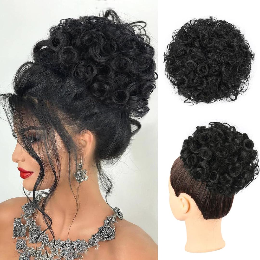 Messy Wavy Bun Hair Pieces for Women Short Curly Drawstring Ponytail Updo Hair Bun, 1PCS Large Thick Curly Black Hair Bun Clip on Ponytails for Women SyntheticTousled Updo Hair Buns Extension (1b#)