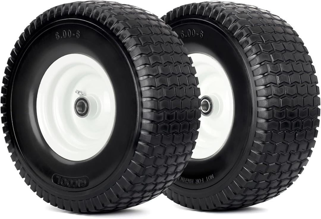 15x6.00-6 Flat Free Lawn Mower Tire and Wheel, 15x6-6nhs Riding Mowers Lawn Tire and Wheel with 3/4" Bearing, 3" Centered Hub, 2 Pack