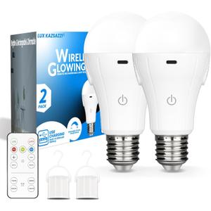 WirelessGlow Rechargeable Light Bulbs with Remote, 3 Color Temperatures and Dimmable Battery Operated Light Bulbs, Touch Control + USB Rechargeable Battery Light Bulb, A19, 2 Pack