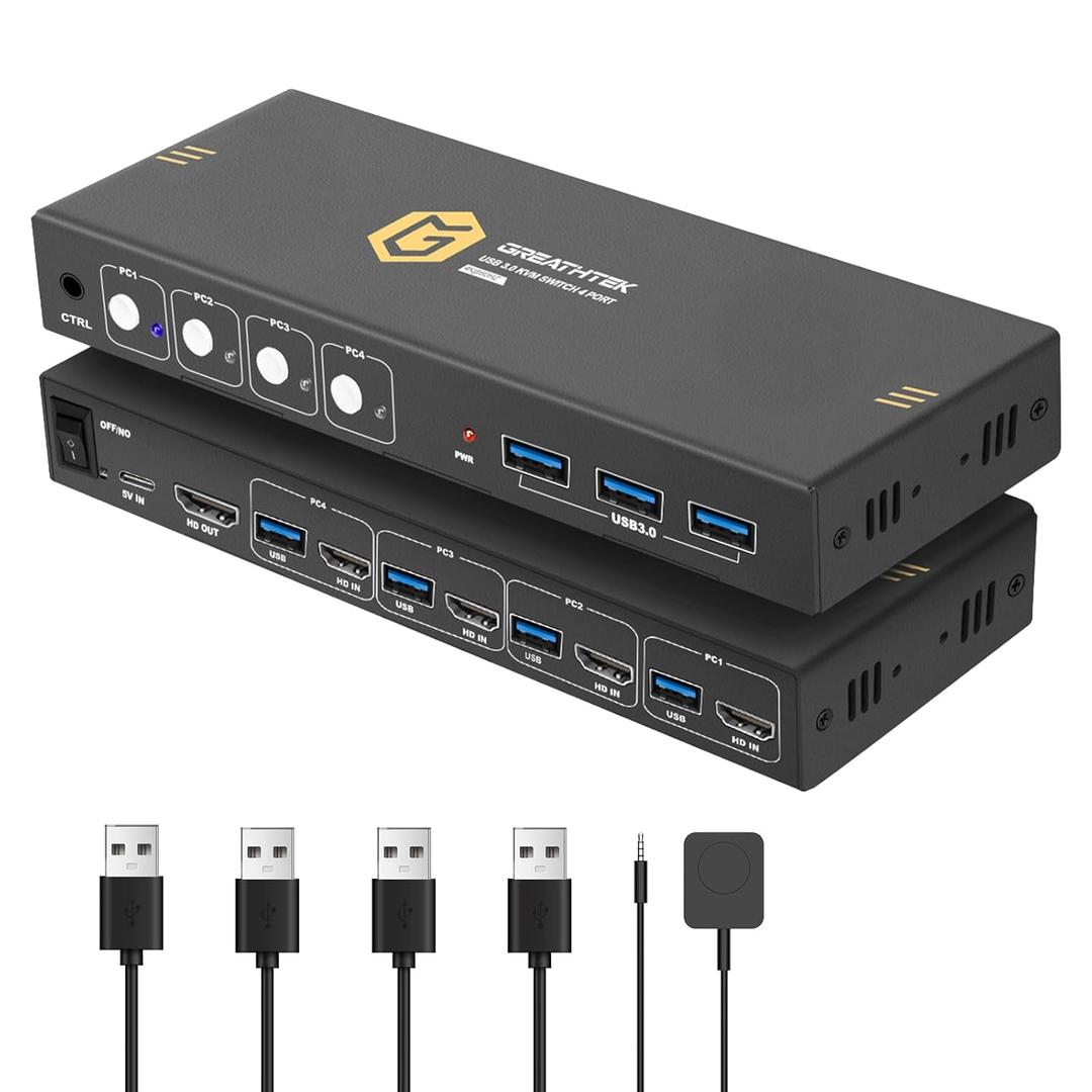 USB3.0 KVM Switch HDMI 4K@60Hz for 4 Computers Share 1 Monitor, KVM Switch 4 Port with 3 USB 3.0 Ports Share Keyboard Mouse, Support Button Switch, Plug and Play
