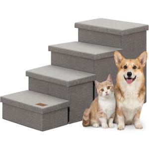 Zerbuger Dog Stairs with Storage 23" H, 4-Step Wider Dog Steps for High Beds Window, Folding Sturdy Pet Stairs Gift for Injured Old Dogs Cats, Ramp for Climbing Car Up to 200 lbs,(Gray, No Condo)