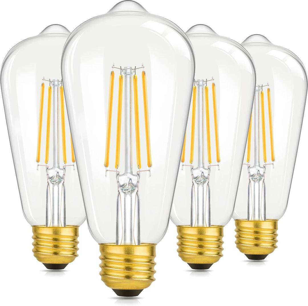 4-Pack Vintage 8W ST64 LED Edison Light Bulbs 100W Equivalent, 1400LM E26 Light Bulbs, 2700K Warm White, Antique Filament LED Bulbs, CRI 90+, Clear Glass, Great Bulb for Home, Bedroom, Non-Dimmable