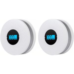 2 Packs CO and Smoke Fire Alarm Combo with LCD Display Battery Operated for Home 2 in 1 Carbon Monoxide and Smoke Detector with Light Sound Warning Easy to Install Travel Portable, Exp Date: 10 Years After Installation