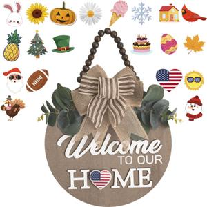 Welcome Sign for Front Door Wreath Decorations for All Seasons Front Porch Decor Hanging Gift for Farmhuose Home Outdoor IndoorBrown KB)