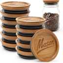 12 Pack Wooden Regular Mouth Mason Jar Lids Canning Supplies Small Mouth Mason Jars Tops Accessories Glass Jars with Wood Lid for Jar Cover Rings Decorative Silicone Jar Lids Reusable Canning Lids