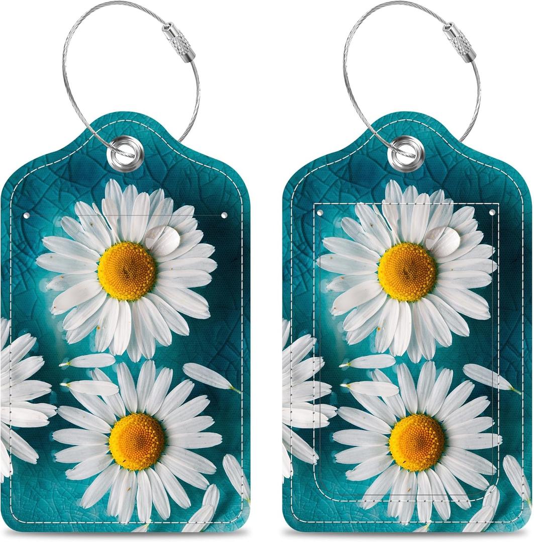 Daisies Floating in Turquoise Water Luggage Tags 2PCS PU Leather Suitcases Tag with Stainless Steel Loop and Privacy Name Address Cover Label Card for Women Men Travel