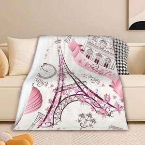 Soft Blanket,Pink Eiffel Tower Flannel Blanket for Bed,Lightweight Soft Paris Symbols Blanket Throw for Girls Kids Adults Couch 50x60 in