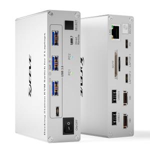 KCEVE 15-in-1 USB C Docking Station KVM Switch, USB 3.0 KVM Switch 2 Laptops 2 Monitors 4K@60Hz, 2 USB-C MST Port, Dual HDMI Out, 80W PD, 5Gbps, Gigabit Ethernet, TF/SD Card, Wired Remote