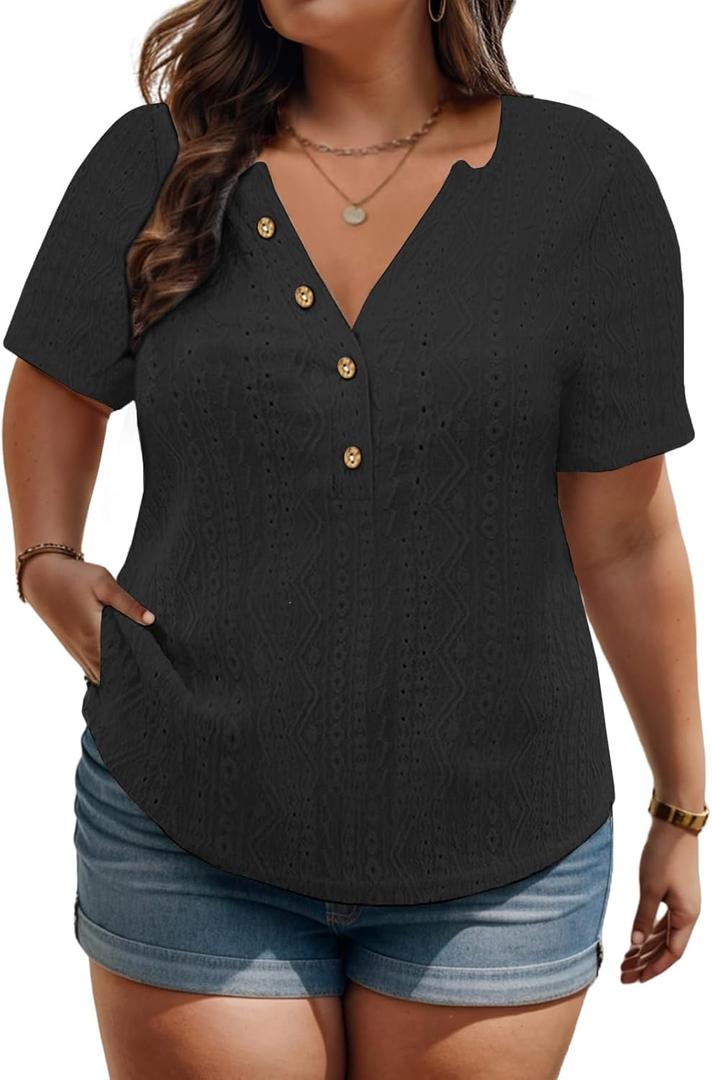 VISLILY Plus-Size-Summer-Tops for Women Henley V Neck T Shirts Short Sleeve Buttons Up Tunics Dressy Eyelet Blouses (Black)