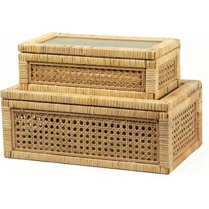 Rattan Display Box for Home Decor with Lid - Rectangular Coastal Bohemian Style Stackable Decorative Storage Box Set - Handmade from Natural Rattan, Cedar & Real Glass