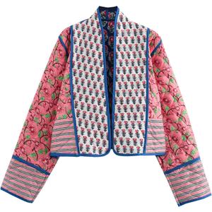 Wyeysyt Women's Cropped Puffer Quilted Jacket Cardigan Floral Printed Lightweight Long Sleeve Open Front Short Padded Coats (03red)