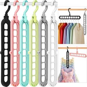 Closet Organizers and Storage,College Dorm Room Essentials,Pack of 6 Multifunctional Organizer Magic Space Saving Hangers with 9 Holes Storage Organization for Wardrobe Closet (Multicolor)