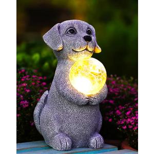 Dog Garden Statues - 8.4 Dog Decor with Gazing Ball LED Lights, Unique Gifts for Mom Grandma Birthdays, Outdoor Decor for Outside Lawn Porch Patio (Gray)
