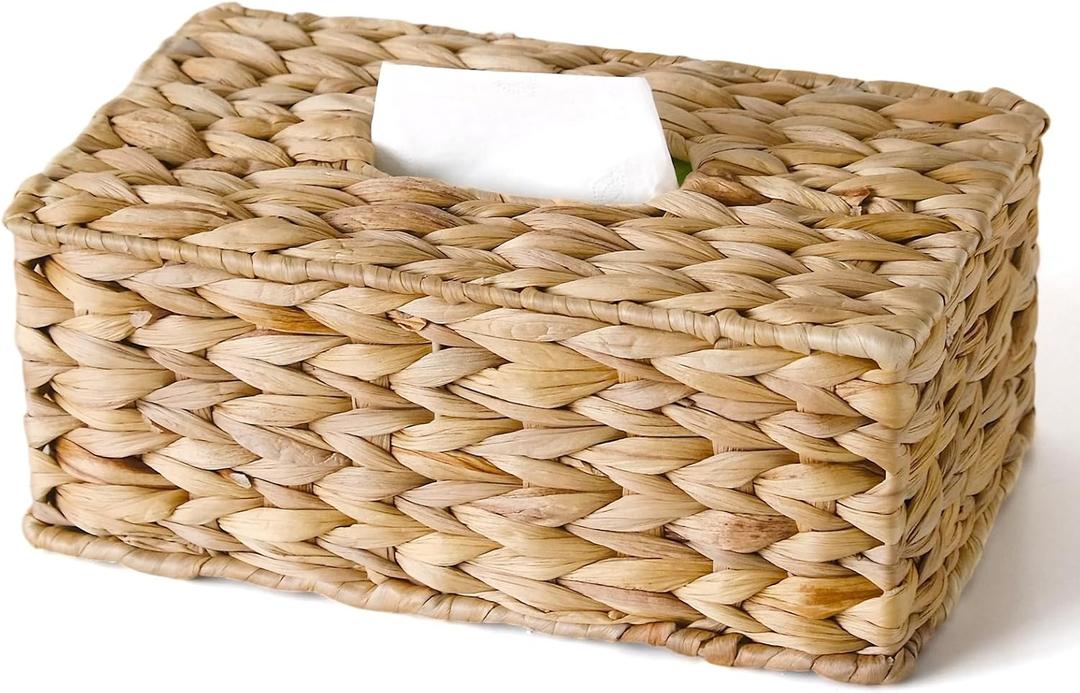 Rectangle Wicker Tissue Box Cover Fits 120-Count (3-Ply) / 160-Count (2-Ply) Boxes, Natural Rattan Woven Facial Tissue Holder, Decorative Tissue Box Holder for Bathroom, Living Room, Office & Desk