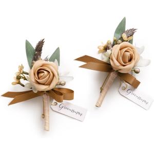 Ling's moment Boutonniere for Men, 2pcs Groom Groomsmen Guest Boutonniere, Artificial Flowers for Wedding/Prom/Homecoming, etc.Sand Beige Dusty Rose