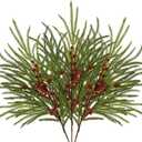 Artificial Christmas Norfolk Pine Branches - 3 Pcs 27.5" Real Touch Faux Greenery Stems with Red Berry Pine Cones Picks for Vases Xmas Tree DIY Craft Wreaths Garland Holiday Outdoor Indoor Decor