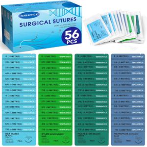 56 Packs Sutures Thread with Needle, Mixed Sutures, Training Threads(0,2/0,3/0,4/0,5/0,6/0,7/0) for Practicing Suturing, 4 Material