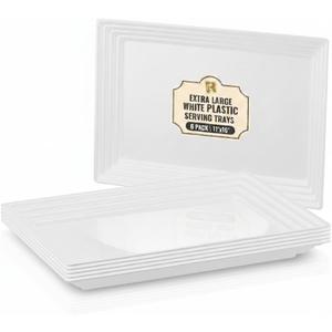 6 Pack Extra Large Plastic Serving Trays for Party - 16 x 11 White Large Serving Tray - Heavy Duty White Plastic Trays for Food - Rectangular Party Serving Trays and Platters