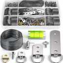 Picture Wire Hanging Kit 100+ Pieces - D-Ring, Screws, Hanging Hooks,Level. Supports up to 50 lbs 120+ Feet(38 M) Stainless Steel Wire Hanger | Comes with Solid Box