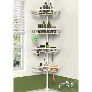 KEGII Shower Corner Caddy Tension Pole, Rustproof Corner Bathroom Organizer, No Drilling Bathtub Shelf for Inside Shower, Waterproof Bathroom Tub Organizer, Fits 25-114.2 Inch Height, Cream White