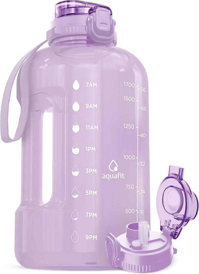 AQUAFIT Half Gallon Water Bottle with Time Marker - Straw & Chug Lid - BPA Free Gym Water Bottle with Straw - Big Gallon Jug (Lilac, 64 oz - 2in1 Lid)