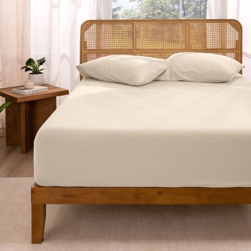Bare Home 100% Organic Cotton Jersey Fitted Sheet - Queen Size - Ultra Soft - Deep Pocket Fitted Sheet - 100% Cotton - Ring Spun Yarns (Queen, Sand)