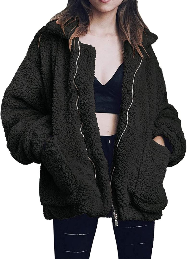 Comeon Women's Coat Casual Lapel Fleece Fuzzy Faux Shearling Zipper Coats Warm Winter Oversized Outwear Jackets, Size 2XL (Black)