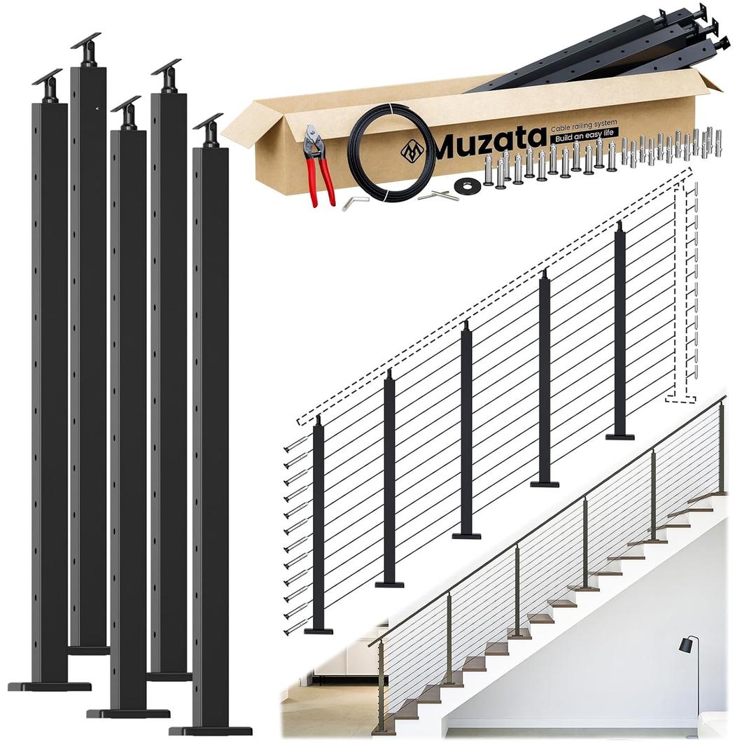 Muzata 16-20ft Modular Cable Railing Kit for Stairs Surface Mount 42in RW27
5 Stair Post Kit with Wire Rope & Cable Railing Hardware, No Handrail, Black Cable Railing System, Length Adjustable