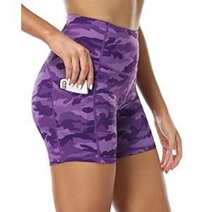 Oalka Women's Short Yoga Side Pockets High Waist Workout Running Shorts 4" Multi Purple Camo New M