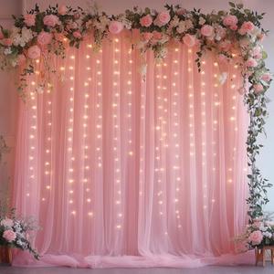 Patioman 10x8ft Pink Tulle Backdrop Curtain with String Lights, Wrinkle-Free Sheer Wedding Backdrop for Birthday Parties, Baby Showers, Bridal Showers, Photo Shoots and Home Decorations, Pink