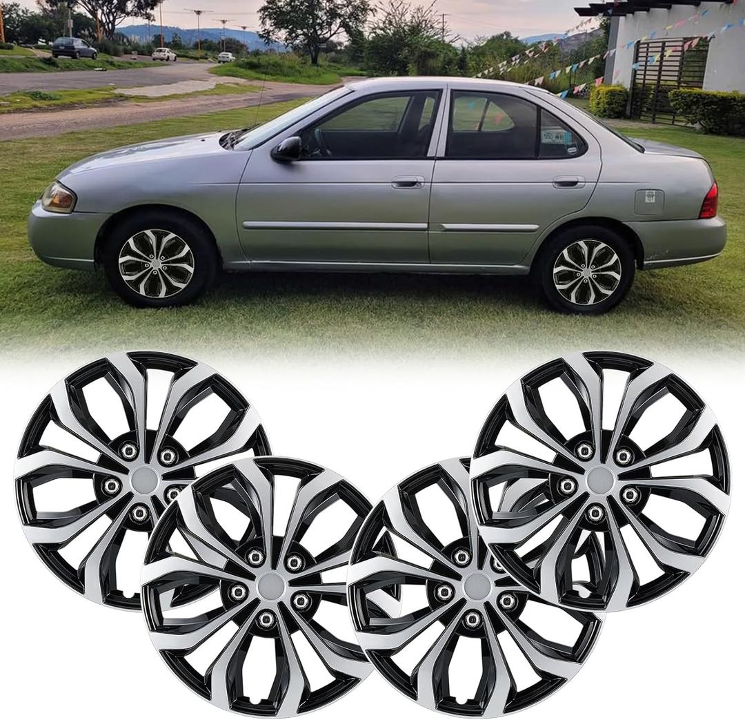 14 Inch Universal Hubcaps Wheel Covers Replacement for Cars, Silver & Black Color R14 Hub Caps Universal Wheel Rim Cover Snap On Car Truck SUV - Set of 4