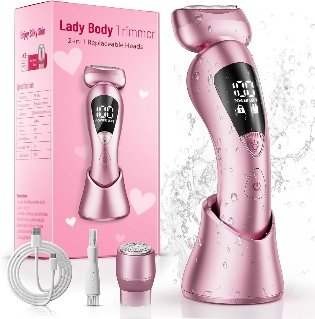 Electric Bikini Trimmer for Women: Upgrade Rechargeable Painless Shaver for Body Hair - IPX7 Waterproof Cordless Razor with LED Display for Face/Leg Deep Pink
