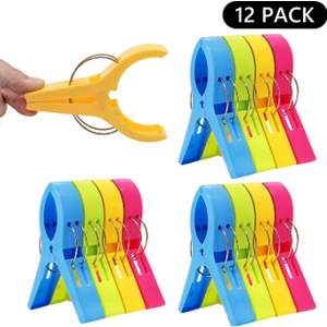 12 Pack Beach Towel Clips for Beach Chairs, Large Towel Clips for Beach Chairs Pool Chairs on Cruise, Windproof Plastic Clothes Pins Heavy Duty Outdoor 6 Colors