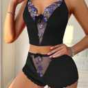 Verdusa Women's 2 Piece Floral Mesh Velvet Pajama Set Crop Camisole Tops with Micro Shorts Nightwear (S)