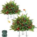 Timer 2 Pack Outdoor Christmas Tree Urn Filler 24 Inch Artificial Xmas Tree with Pinecones Red Berries Tripod Stake Warm White & Colorful Lights Battery Operated 8 Mode Porch Decor Pathway Holiday Yard