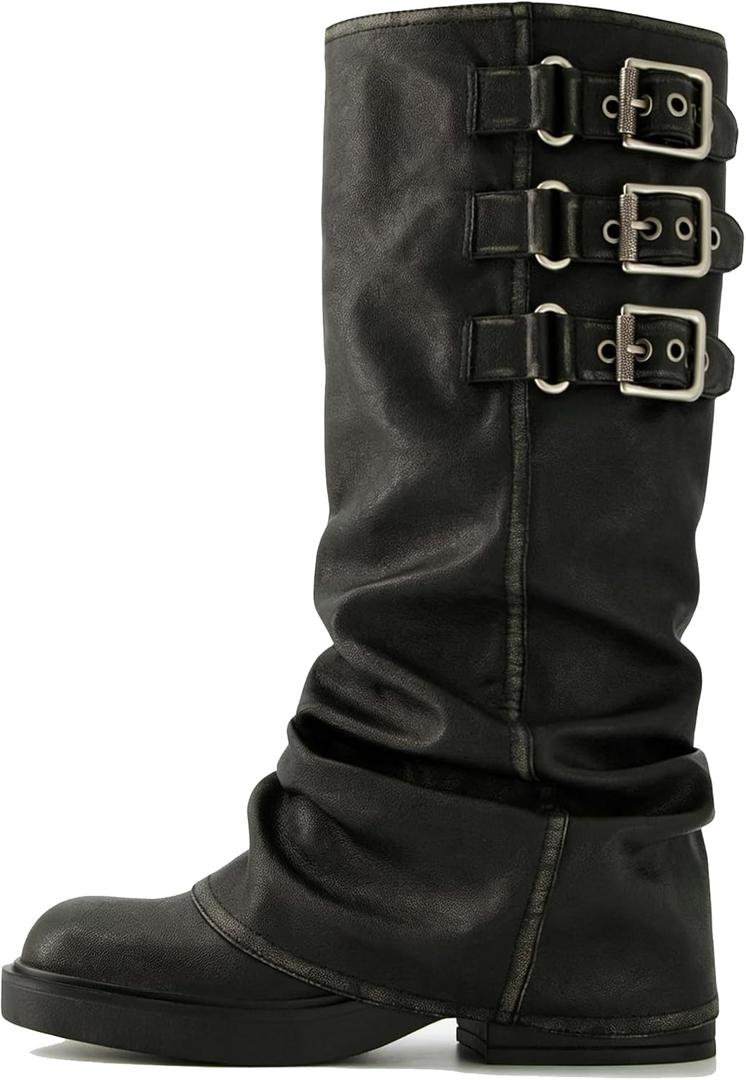 ClassicSter Fold Over Knee High Boots Slouch Boots for Women Chunky Goth Platform Boots,2 inch Heel Wide Calf Long Boots Square Toe Riding Boots (6, 101-black)