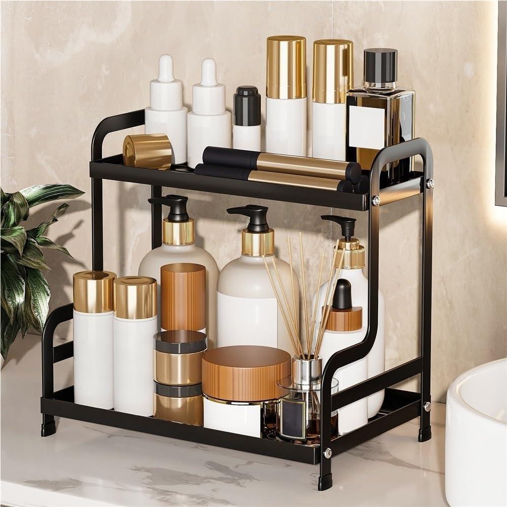 2-Tier Metal Countertop Organizer, Iron Storage Rack for Kitchen and Bathroom, Bathroom Countertop Shelves, Metal Sink Storage Shelves for Vanity Storage (Black)