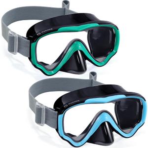 Vvinca Swim-Goggles with Nose Cover, 2 Packs Elastic Fabric Strap Snorkel Swim Mask Anti Fog UV No Pull Hair for Kids 3-14 (04-black Green & Black Blue)