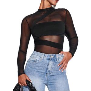 Milumia Women's Mesh Sheer Bodysuit Tops Crew Neck Long Sleeve Going Out Rave Leotards, Medium