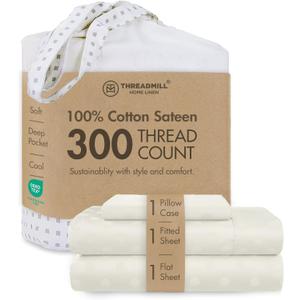 Threadmill Cotton Twin Sheet Set | 100% Cotton Sheets for Twin Size Bed | Damask Jacquard Sateen Twin Bed Sheets Set with 16 Deep Pocket | Soft Breathable 3-Piece Cooling Sheet Set | Ivory