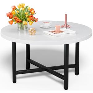 Round Coffee Table, Small Coffee Tables for Living Room, Low Wood Coffee Table with Metal Frame, Floor Table Desk for Sitting on The Floor, Home, Office, White(23.6" D x 17.7" H) (1T)