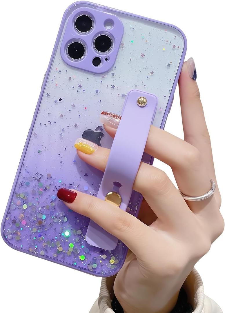 iduater Strap Case for 6.7" iPhone 14 Pro Max with Wristband Kickstand, Bling Glitter Sparkle Clear Cover Soft TPU Bumper Adjustable Hand Grip Loop for iPhone 14 Pro Max 6.7 Inch, Lavender Purple