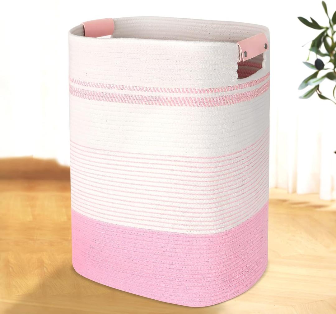 AINUOQI Laundry Basket with Handles - Blanket Basket & Hampers for Bedroom Aesthetic, Laundry Hamper & Blanket Storage for Living Room, Clothes Hamper, Tall, Large 17" x 14" x 22, Pink & White (85L)