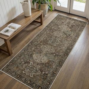 Bavni Washable Runner Rug 2x5, Non Slip Vintage Hallway Runner, Ultra Thin Low Pile Washable Carpet for Kitchen Entryway Bedroom, Brown