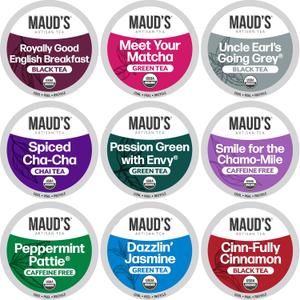 Maud's 9 Blend Organic Tea Pods Variety Pack, 48 ct, 9 Assorted Flavors, Recyclable Single Serve Pods 100% Gourmet Blended Tea Leaves, Compatible with Keurig K Cups Maker