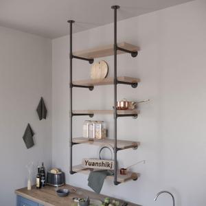 Yuanshikj 2Pc (70" Tall 12" deep 3/4") Industrial Wall Mount Iron Pipe Shelf Shelves Shelving Bracket Vintage Retro Black DIY Open Bookshelf Storage Home Kitchen (2 Pcs 5Tier Hardware only)