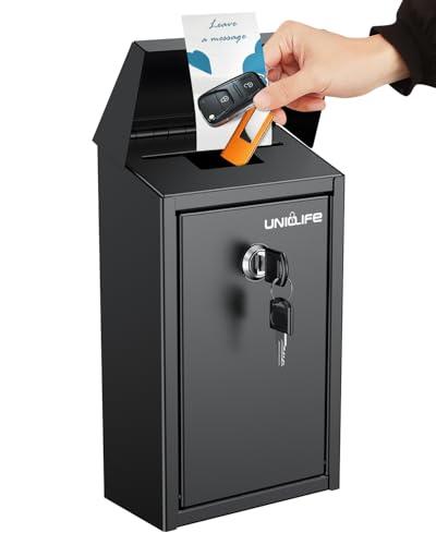 Uniclife Black Metal Donation Box Wall Mounted Mailbox with Top Slot, Collection Box with Key Lock, Safe Suggestion Box, Key Drop Box for Outside, Steel Cash Drop Box for Home Office and Business (Black)