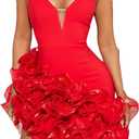 Qikaka Women's Sleeveless Spaghetti Strap V Neck Solid Bodycon Ruffles Hem Mini Dress (Red) Small