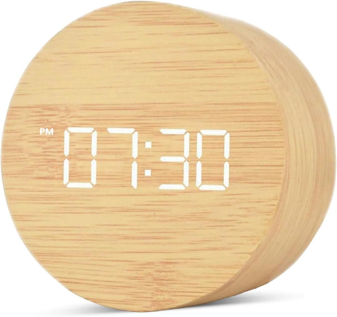 Wooden LED Digital Alarm Clock for Desk – Modern Aesthetic Wood Clock with Adjustable Brightness, 3 Alarms, Large Display, AC Powered Stays On When Plugged in (Beige)
