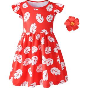 Little Girls Costume Dress with 4inch Hawaiian Red Flower Hair Clip Toddler Red Leaf Dress Halloween Cosplay Outfit (4-5 Years)